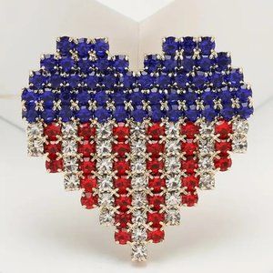 3 Pave Crystal Red White Blue US American Flag HEART Sweater Lapel Brooch Pins
